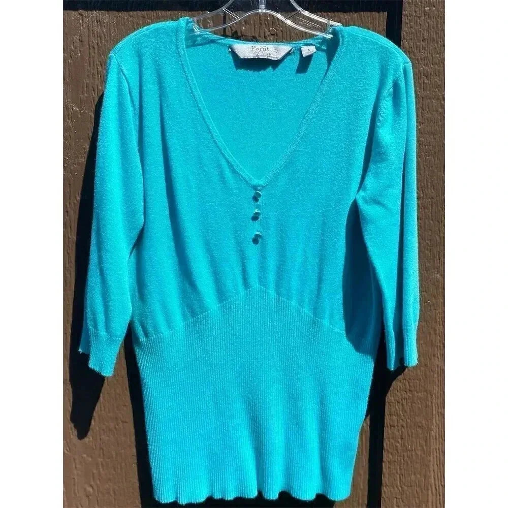 Point of View Women's S Turquoise 3/4 Sleeve Button-Up Sweater Y2K